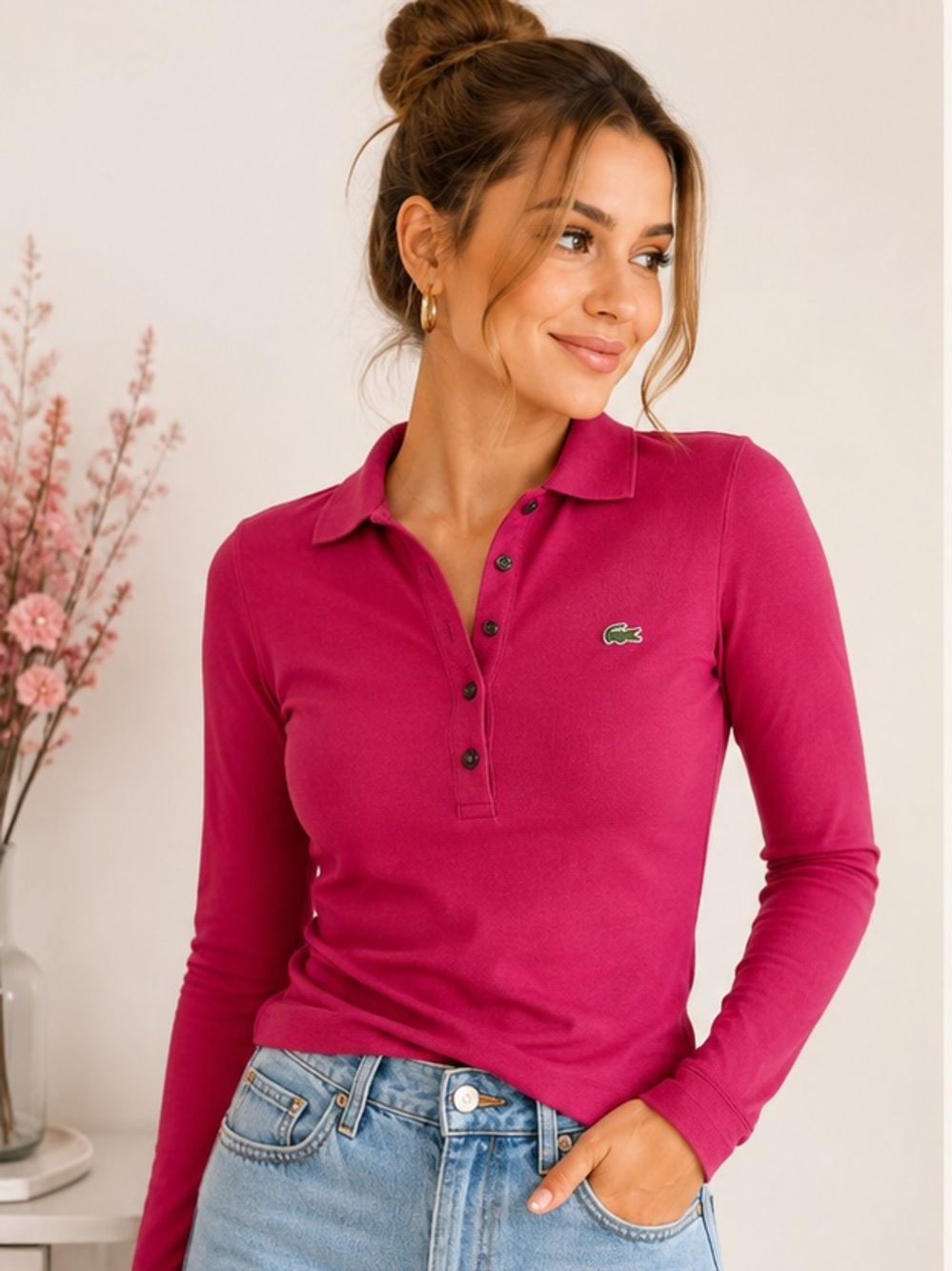 Lacoste F5191 Fuchsia Long Sleeve Polo Shirt Size 38 Made in France